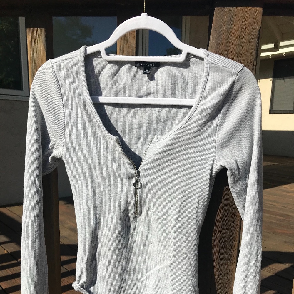 Topshop Ribbed Ring Zip Bodysuit (Grey)